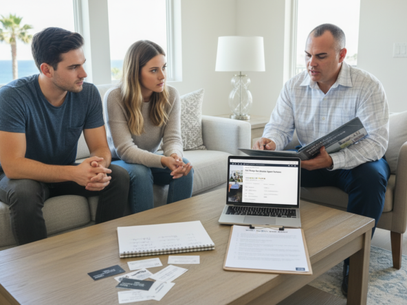 A young first-time buyer couple in their late 20s sitting on their couch at home, interviewing their real estate agent of the day. On the coffee table in front of them: business cards from multiple agents spread out, a notepad with comparison notes and questions written down, and their laptop open to agent reviews or brokerage websites.