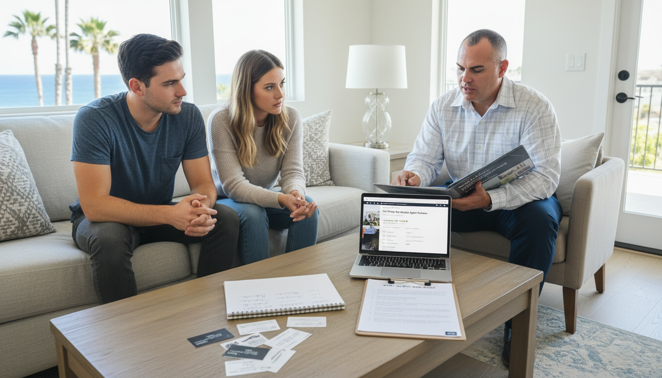 A young first-time buyer couple in their late 20s sitting on their couch at home, interviewing their real estate agent of the day. On the coffee table in front of them: business cards from multiple agents spread out, a notepad with comparison notes and questions written down, and their laptop open to agent reviews or brokerage websites.
