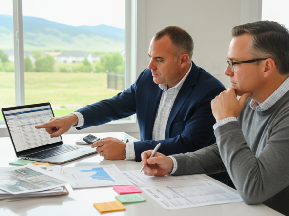 A real estate agent and home seller sitting side by side at a kitchen table, both looking intently at a laptop screen showing a detailed comparative market analysis (CMA). The agent is pointing to the screen showing recent sold properties, active listings, and a suggested price range, while using a calculator.