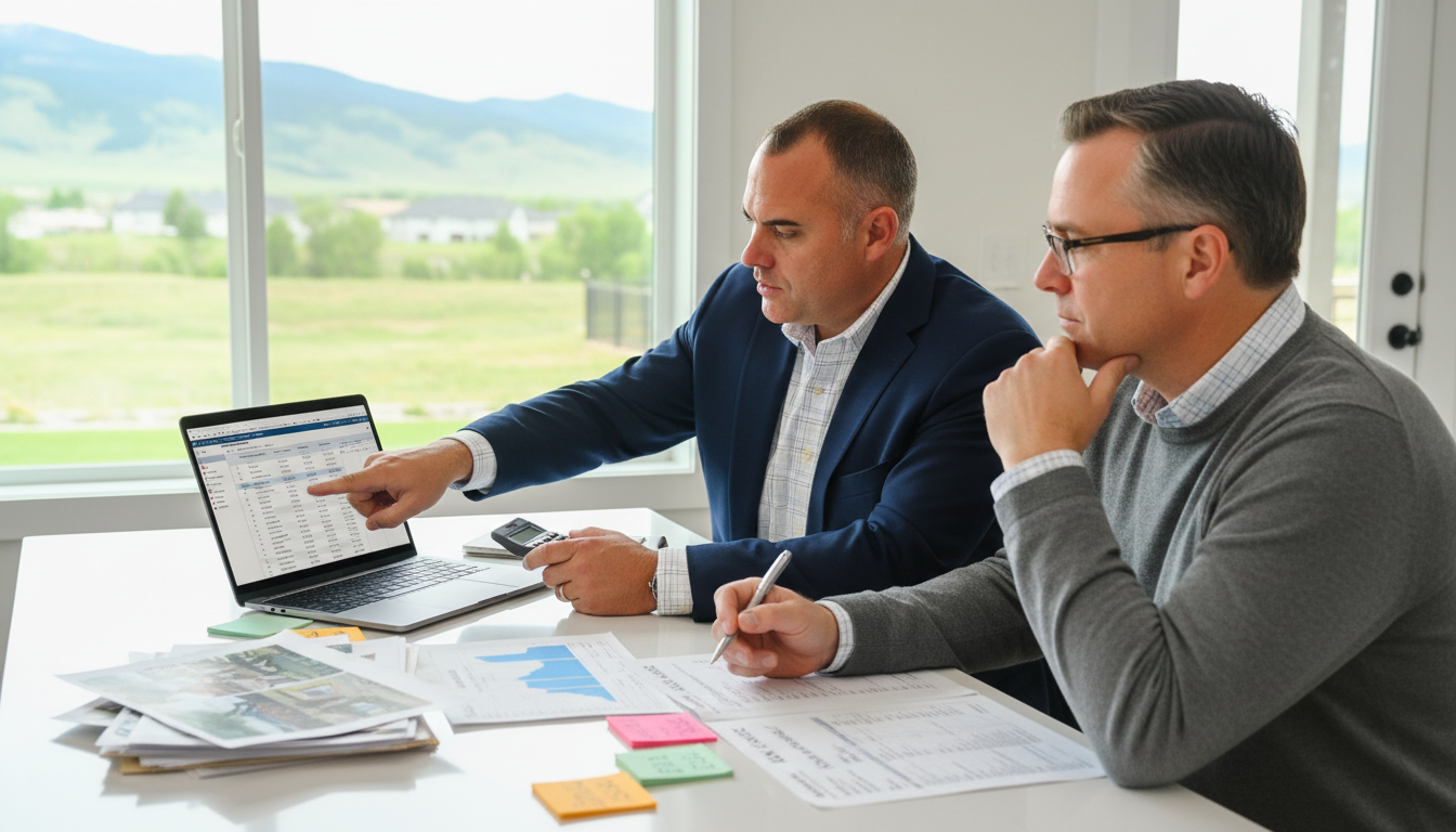 A real estate agent and home seller sitting side by side at a kitchen table, both looking intently at a laptop screen showing a detailed comparative market analysis (CMA). The agent is pointing to the screen showing recent sold properties, active listings, and a suggested price range, while using a calculator.