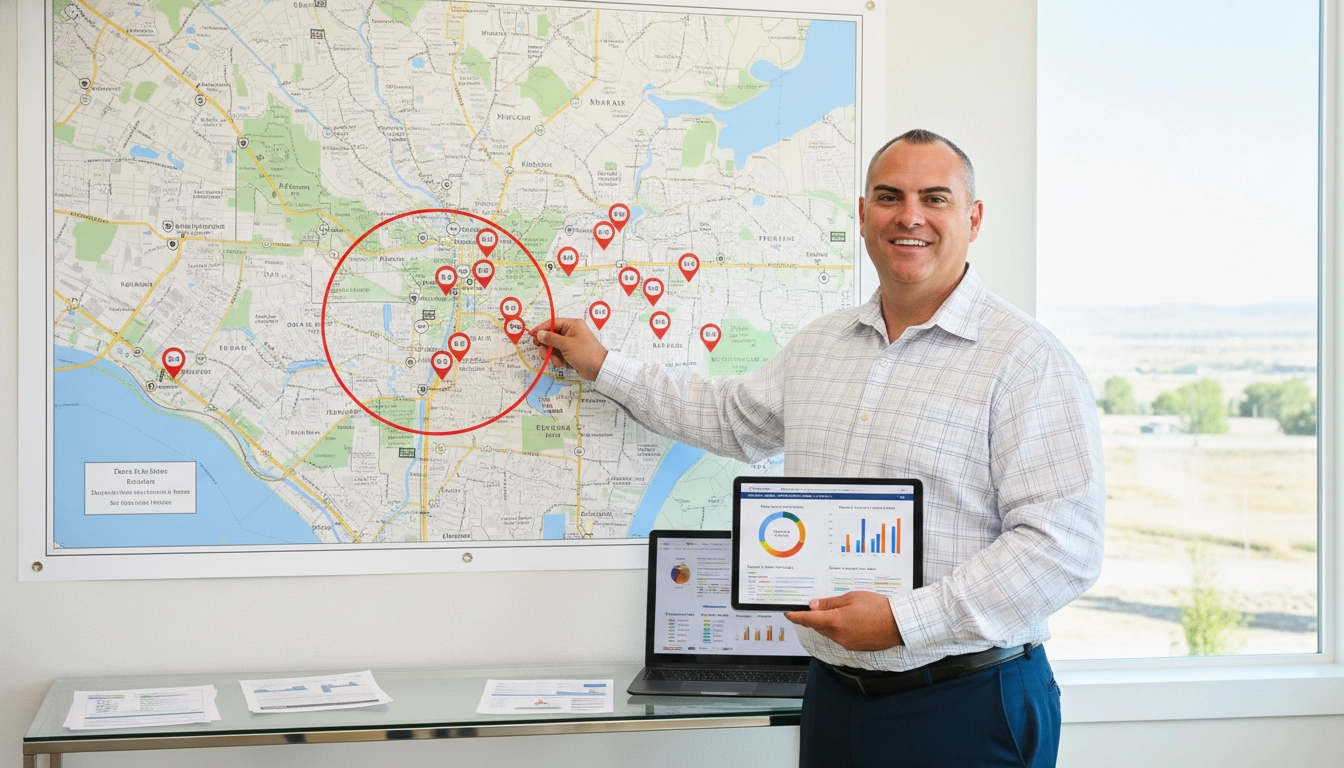Chris Budka standing in front of a large wall map of Eagle and Boise metro area, placing or pointing to multiple red 'hot spot' stickers or pins on specific neighborhoods.