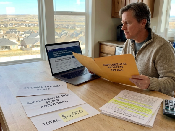 Homeowner at kitchen counter opening supplemental property tax bill showing $1,200 additional charge. Documents display original bill, relief program information on laptop, and seller disclosure form. Calculator shows $6,000 total annual tax. Treasure Valley home visible through window.