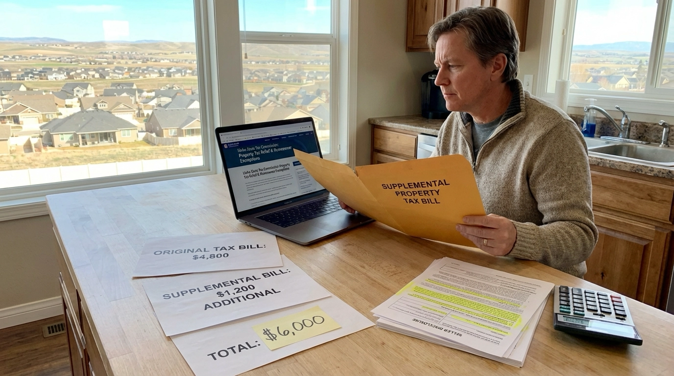 Homeowner at kitchen counter opening supplemental property tax bill showing $1,200 additional charge. Documents display original bill, relief program information on laptop, and seller disclosure form. Calculator shows $6,000 total annual tax. Treasure Valley home visible through window.