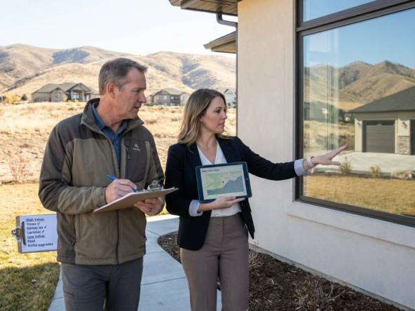 Eagle homeowner and agent walking property evaluating resale features. Agent's tablet shows comparable sales data while pointing to valuable elements like updated kitchen and mountain views. Checklist ranks features by market value. Homeowner takes notes. Eagle foothills emphasize premium view feature.