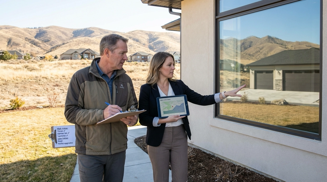 Eagle homeowner and agent walking property evaluating resale features. Agent's tablet shows comparable sales data while pointing to valuable elements like updated kitchen and mountain views. Checklist ranks features by market value. Homeowner takes notes. Eagle foothills emphasize premium view feature.