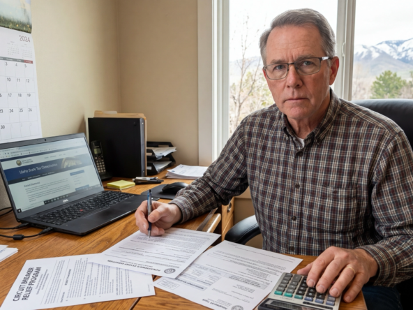 Eagle homeowner completing property tax relief forms at desk. April 15 deadline circled on calendar. Documents show homeowner's exemption application, circuit breaker program info, and new construction supplemental bill. Tax Commission website on laptop. Eagle foothills visible through window.