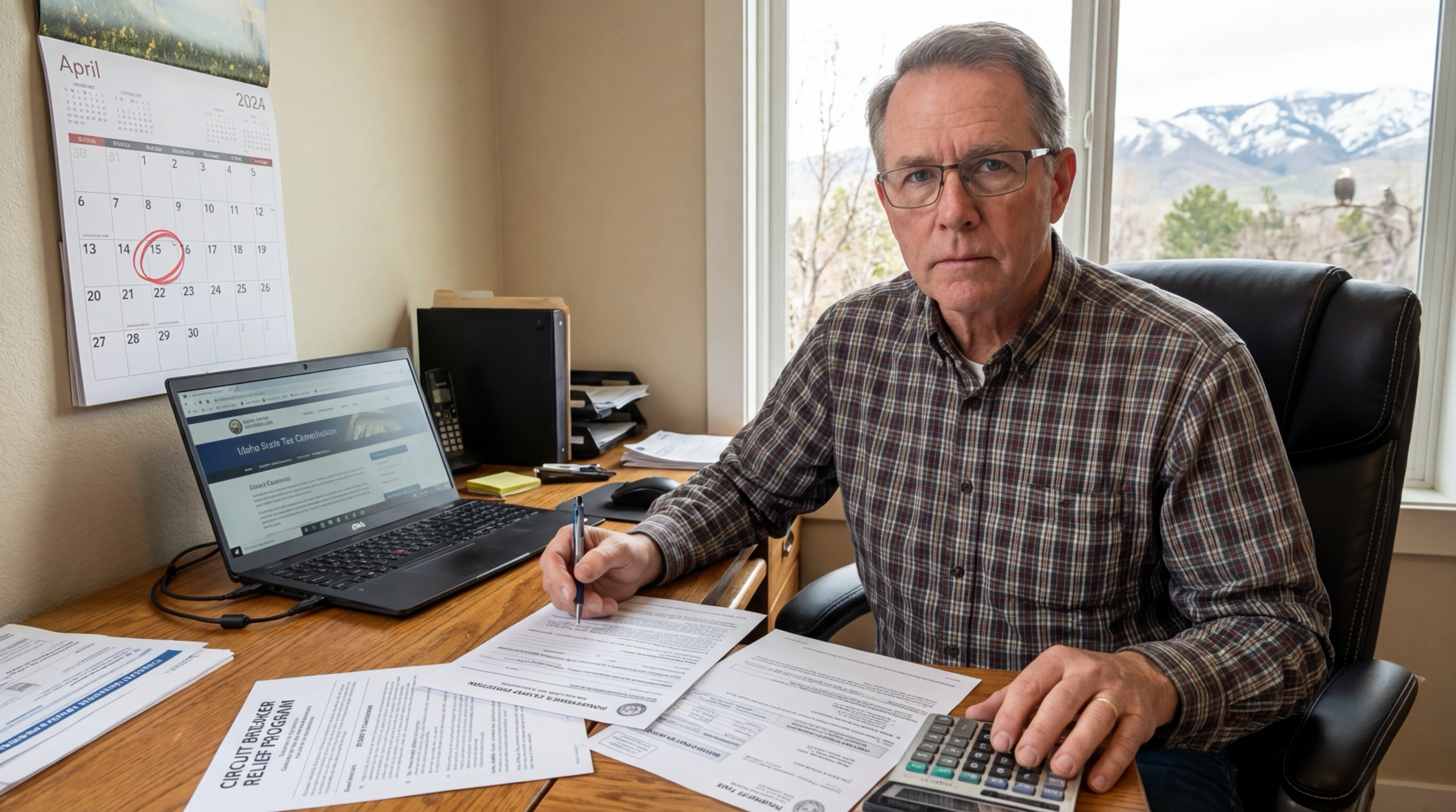 Eagle homeowner completing property tax relief forms at desk. April 15 deadline circled on calendar. Documents show homeowner's exemption application, circuit breaker program info, and new construction supplemental bill. Tax Commission website on laptop. Eagle foothills visible through window.