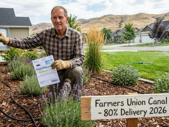 Eagle homeowner adjusting smart irrigation system in water-wise landscaped yard with drought-resistant plants, mulch, and drip irrigation. Water bill shows usage reduction. Neighbor's sprinklers running on traditional lawn in background. Farmers Union Canal 80% delivery sign visible. Eagle foothills backdrop.