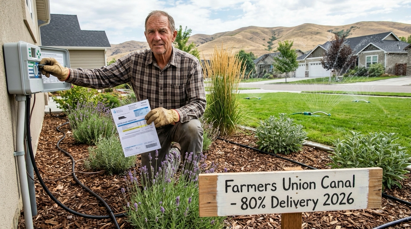 Eagle homeowner adjusting smart irrigation system in water-wise landscaped yard with drought-resistant plants, mulch, and drip irrigation. Water bill shows usage reduction. Neighbor's sprinklers running on traditional lawn in background. Farmers Union Canal 80% delivery sign visible. Eagle foothills backdrop.