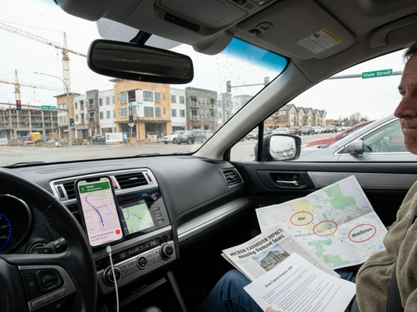 Eagle resident in car during commute viewing surrounding new construction. Dashboard navigation shows increased commute time from 15 to 28 minutes. Map on passenger seat marks new subdivisions and Micron expansion area. Active construction and traffic visible through windshield at Eagle intersection.