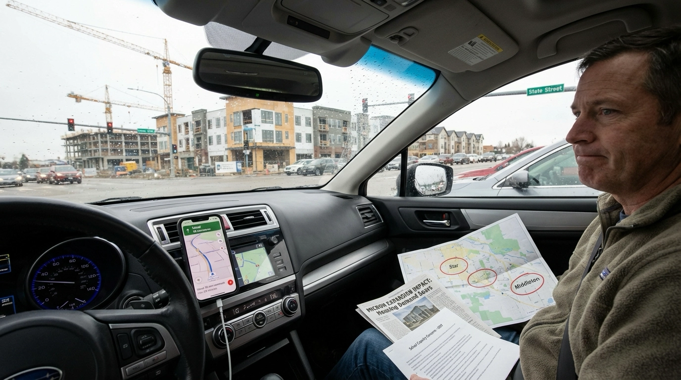 Eagle resident in car during commute viewing surrounding new construction. Dashboard navigation shows increased commute time from 15 to 28 minutes. Map on passenger seat marks new subdivisions and Micron expansion area. Active construction and traffic visible through windshield at Eagle intersection.