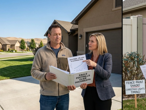 Eagle foothills homeowner reviewing CC&R document with realtor in driveway. Neighborhood shows uniform attractive homes (benefits) while neighbor receives violation notice for minor infraction (restrictions). Documents compare property values in CC&R vs non-CC&R areas. Eagle foothills visible.
