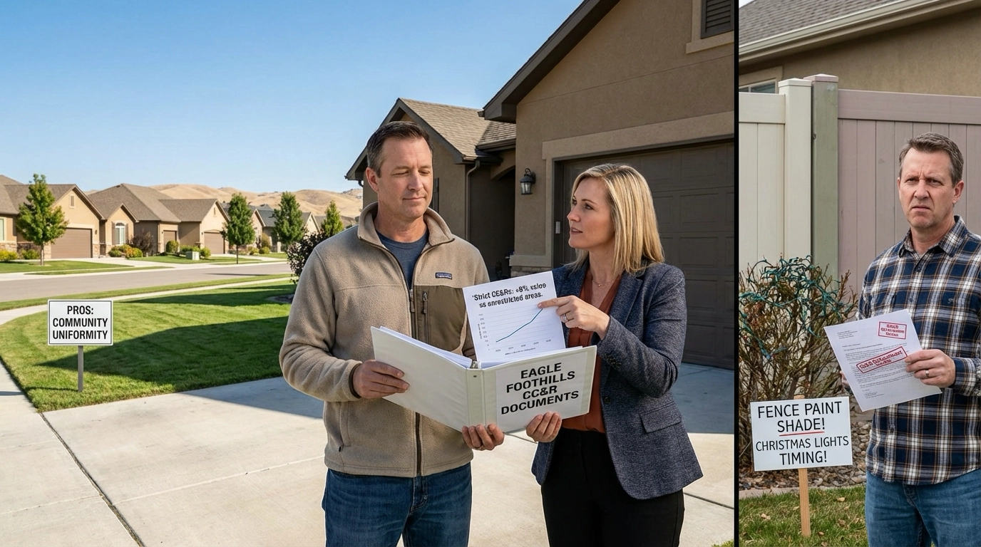 Eagle foothills homeowner reviewing CC&R document with realtor in driveway. Neighborhood shows uniform attractive homes (benefits) while neighbor receives violation notice for minor infraction (restrictions). Documents compare property values in CC&R vs non-CC&R areas. Eagle foothills visible.