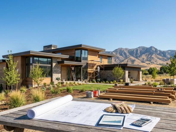 Newly completed modern home in the Eagle Idaho foothills on a bright sunny day, with construction details and mountain views, highlighting hidden costs of new construction in Eagle.