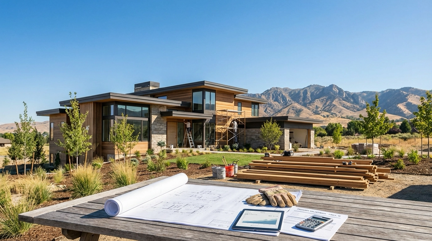 Newly completed modern home in the Eagle Idaho foothills on a bright sunny day, with construction details and mountain views, highlighting hidden costs of new construction in Eagle.