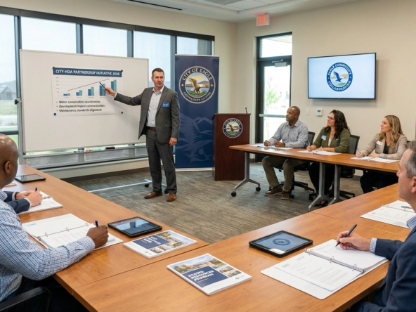 Eagle HOA board members meeting with City of Eagle representative in community center. Whiteboard shows City-HOA Partnership Initiative agenda including water conservation and development coordination. Multiple neighborhood representatives taking notes. Eagle city seal and collaboration materials visible.