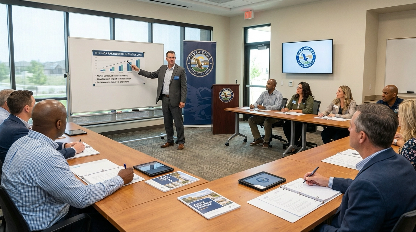 Eagle HOA board members meeting with City of Eagle representative in community center. Whiteboard shows City-HOA Partnership Initiative agenda including water conservation and development coordination. Multiple neighborhood representatives taking notes. Eagle city seal and collaboration materials visible.