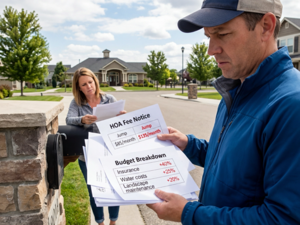 Eagle homeowner at mailbox reviewing HOA fee increase notice showing rise from $85 to $135 monthly. Budget breakdown shows insurance, water, and maintenance cost increases. HOA meeting notice visible. Neighbor also checking mail. Eagle community amenities in background.