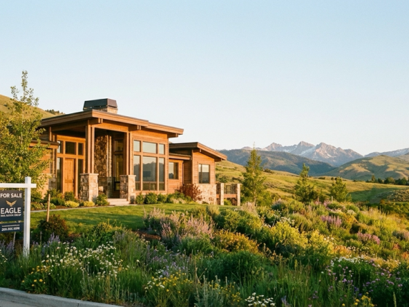 Eagle Idaho luxury home nestled in the foothills with For Sale sign, warm sunlight, and distant mountains – representing the current 2026 Eagle housing market.