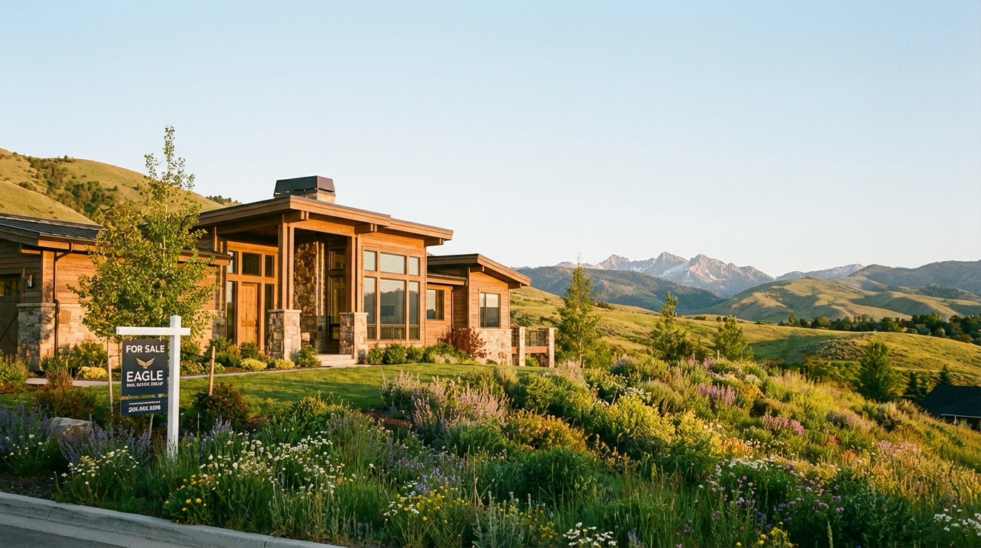 Eagle Idaho luxury home nestled in the foothills with For Sale sign, warm sunlight, and distant mountains – representing the current 2026 Eagle housing market.