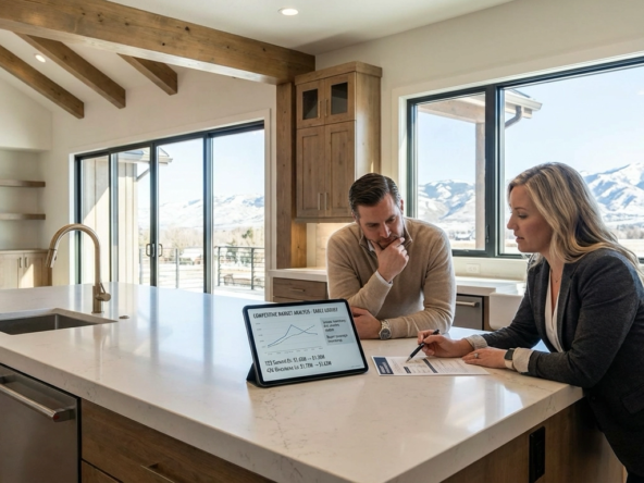 Luxury Eagle homeowner and agent in high-end kitchen reviewing tablet showing $1M+ listing price reductions of 5-7%. Premium home features and mountain views visible. Market report displays luxury inventory levels. Strategic pricing discussion with analytical expressions.