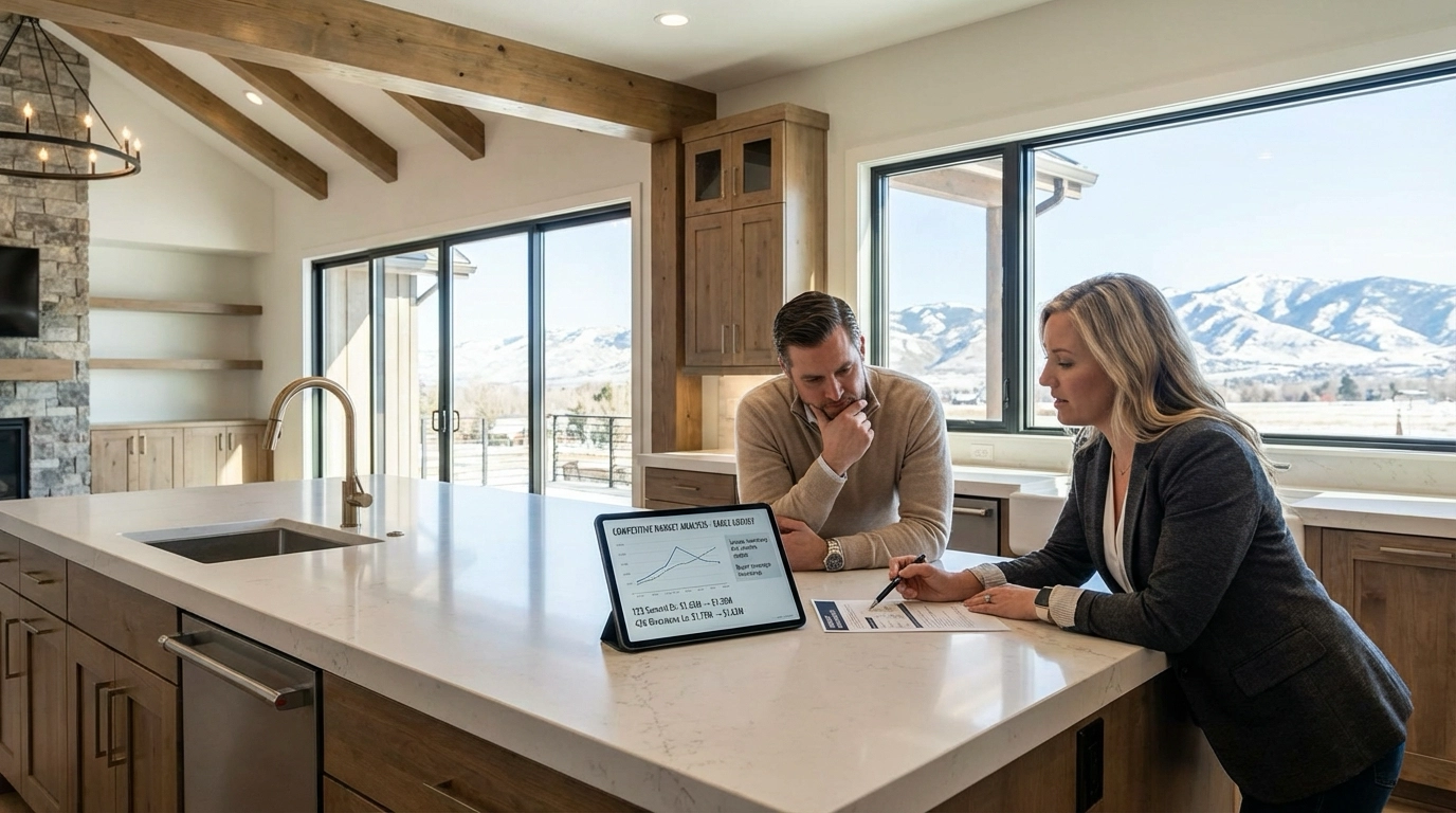 Luxury Eagle homeowner and agent in high-end kitchen reviewing tablet showing $1M+ listing price reductions of 5-7%. Premium home features and mountain views visible. Market report displays luxury inventory levels. Strategic pricing discussion with analytical expressions.