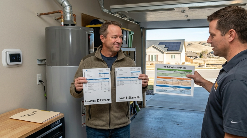 Eagle homeowner in garage next to new hybrid water heater and smart thermostat, comparing utility bills showing $120 monthly savings. Contractor displays ROI chart for efficiency upgrades. Energy audit report visible. Solar panels on roof. Eagle foothills through open garage door.