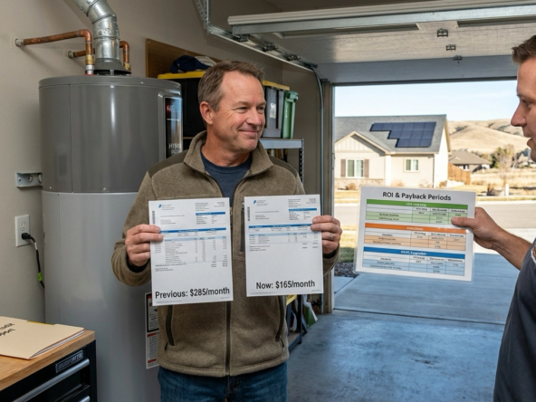 Eagle homeowner in garage next to new hybrid water heater and smart thermostat, comparing utility bills showing $120 monthly savings. Contractor displays ROI chart for efficiency upgrades. Energy audit report visible. Solar panels on roof. Eagle foothills through open garage door.