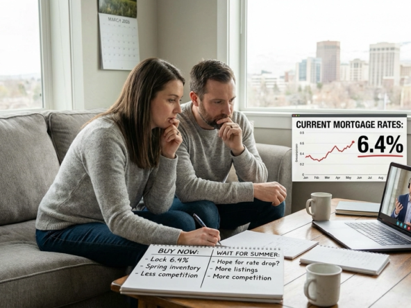 Buyer couple on couch with laptop showing 6.4% mortgage rates, reviewing decision matrix on coffee table comparing buy now versus wait for summer options. Agent on video call providing timing guidance. March 2026 calendar visible. Boise skyline through window.