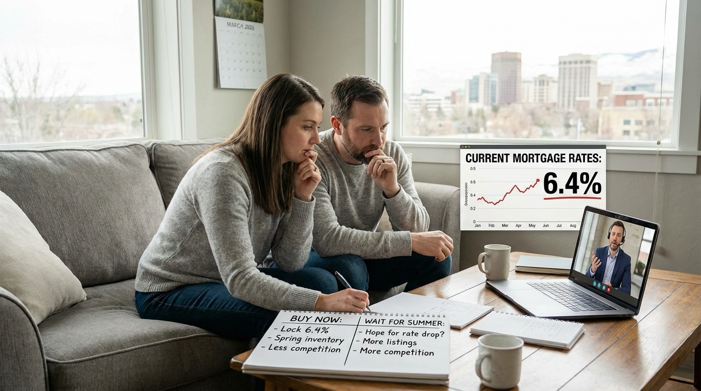 Buyer couple on couch with laptop showing 6.4% mortgage rates, reviewing decision matrix on coffee table comparing buy now versus wait for summer options. Agent on video call providing timing guidance. March 2026 calendar visible. Boise skyline through window.