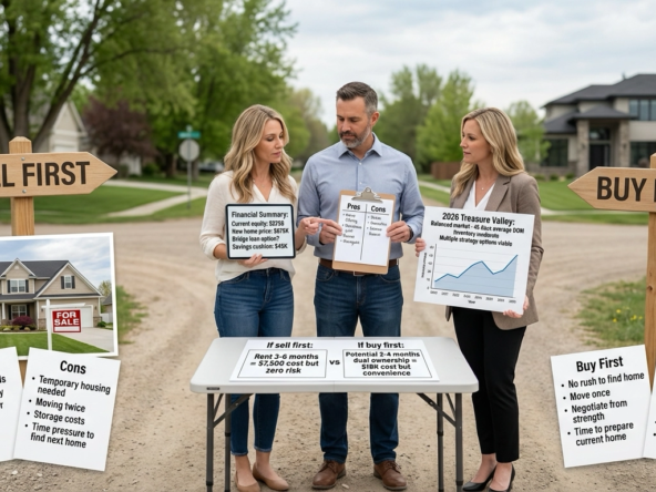 Homeowner couple standing at neighborhood crossroads holding decision-making documents and tablet, contemplating sell-first versus buy-first strategies. Visual representation shows their current home with for-sale sign on one side and potential new Eagle home on the other. Documents show pros and cons lists, financial analysis showing equity and bridge loan options, with real estate agent providing market timing guidance. Natural outdoor setting with thoughtful, analytical expressions.