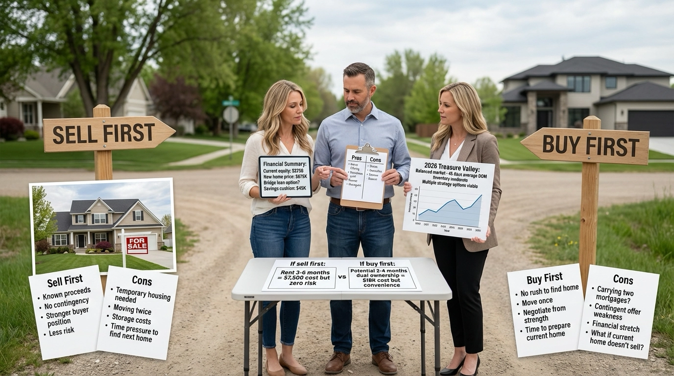 Homeowner couple standing at neighborhood crossroads holding decision-making documents and tablet, contemplating sell-first versus buy-first strategies. Visual representation shows their current home with for-sale sign on one side and potential new Eagle home on the other. Documents show pros and cons lists, financial analysis showing equity and bridge loan options, with real estate agent providing market timing guidance. Natural outdoor setting with thoughtful, analytical expressions.