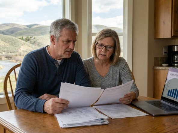Worried Eagle Idaho couple reviewing home insurance documents at their kitchen table, with scenic Eagle foothills visible through the window.