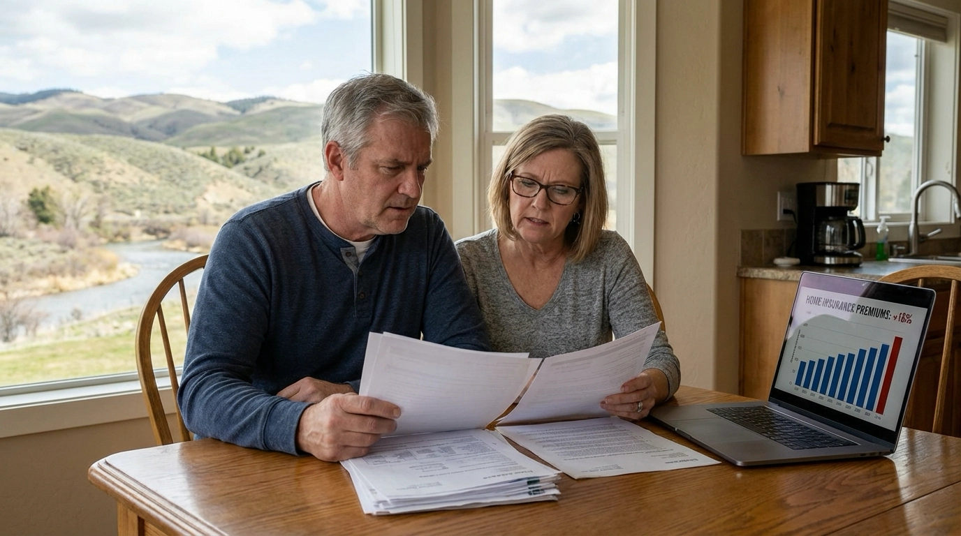 Worried Eagle Idaho couple reviewing home insurance documents at their kitchen table, with scenic Eagle foothills visible through the window.