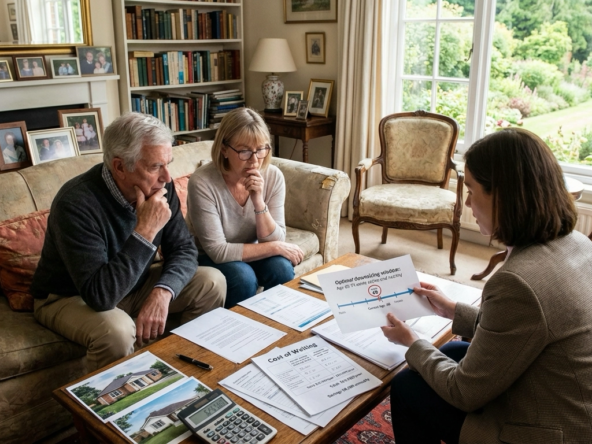 Senior couple in their late 60s sitting in spacious family home living room reviewing detailed cost analysis worksheet on coffee table. Documents show annual carrying costs comparison between current large home ($19,500/year) versus smaller downsizing option ($11,000/year), accumulated deferred maintenance estimates, and optimal downsizing timeline. Financial advisor or agent points to calculations while couple contemplates decision. Large yard visible through windows emphasizing maintenance demands.
