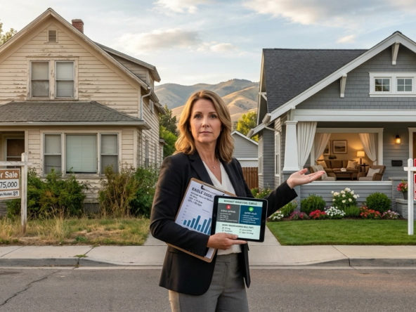 Real estate agent standing on Eagle residential street between two contrasting homes - one with old for-sale sign showing 89 days on market with overgrown landscaping and dated appearance, the other with pending sign after 12 days featuring well-maintained exterior and curb appeal. Agent holds tablet displaying comparison analysis of quick-selling versus stale listing characteristics. Eagle foothills visible in background.