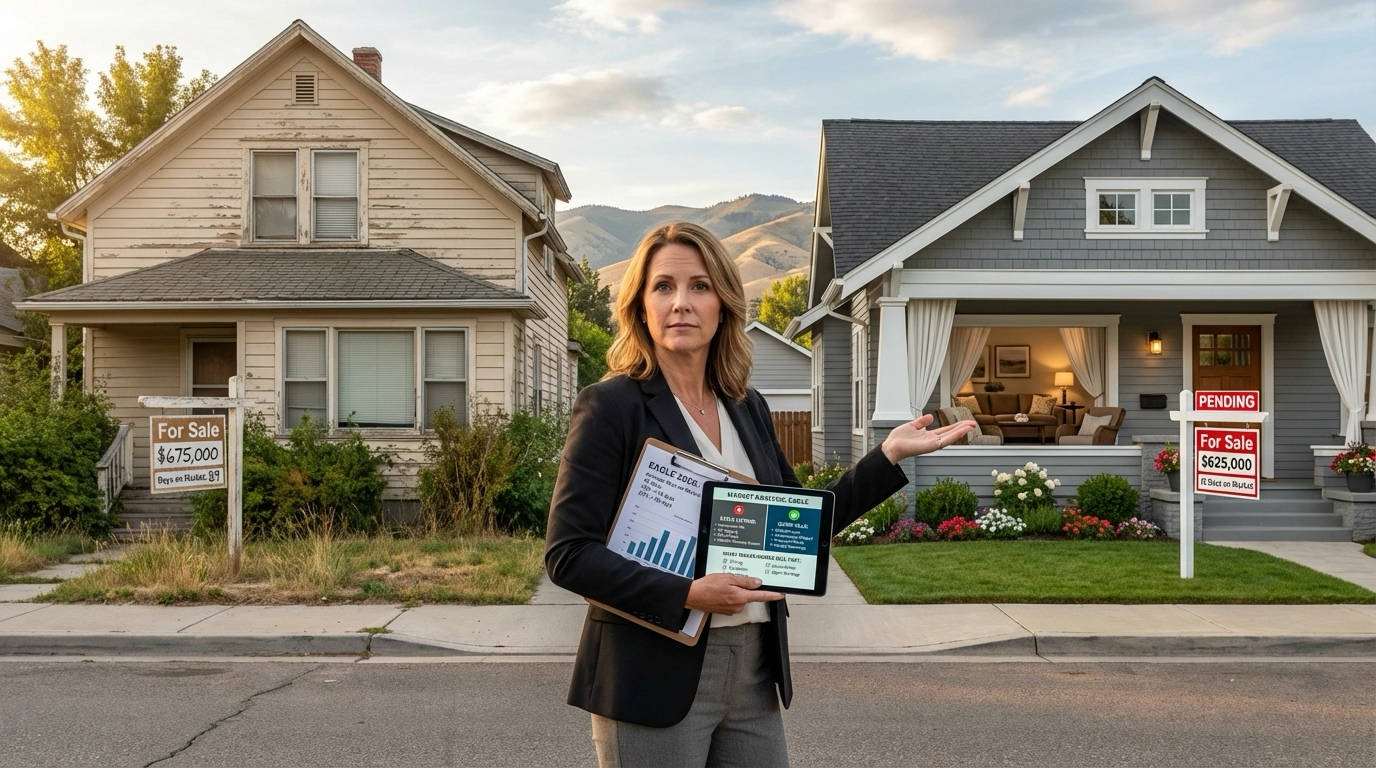 Real estate agent standing on Eagle residential street between two contrasting homes - one with old for-sale sign showing 89 days on market with overgrown landscaping and dated appearance, the other with pending sign after 12 days featuring well-maintained exterior and curb appeal. Agent holds tablet displaying comparison analysis of quick-selling versus stale listing characteristics. Eagle foothills visible in background.