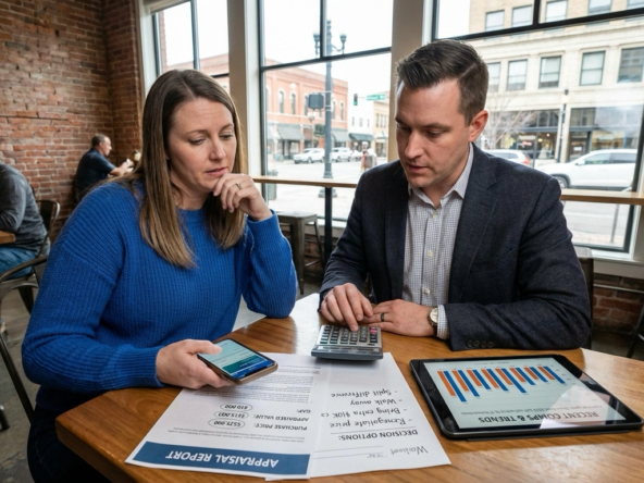 Buyer and agent at coffee shop reviewing appraisal showing $10K gap between $525K purchase price and appraised value. Documents display options including renegotiation, covering gap, or canceling. Market data shows 15% of Boise transactions still experiencing gaps. Buyer checking savings on phone.