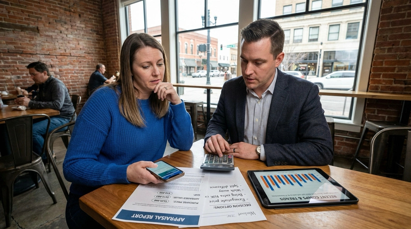 Buyer and agent at coffee shop reviewing appraisal showing $10K gap between $525K purchase price and appraised value. Documents display options including renegotiation, covering gap, or canceling. Market data shows 15% of Boise transactions still experiencing gaps. Buyer checking savings on phone.