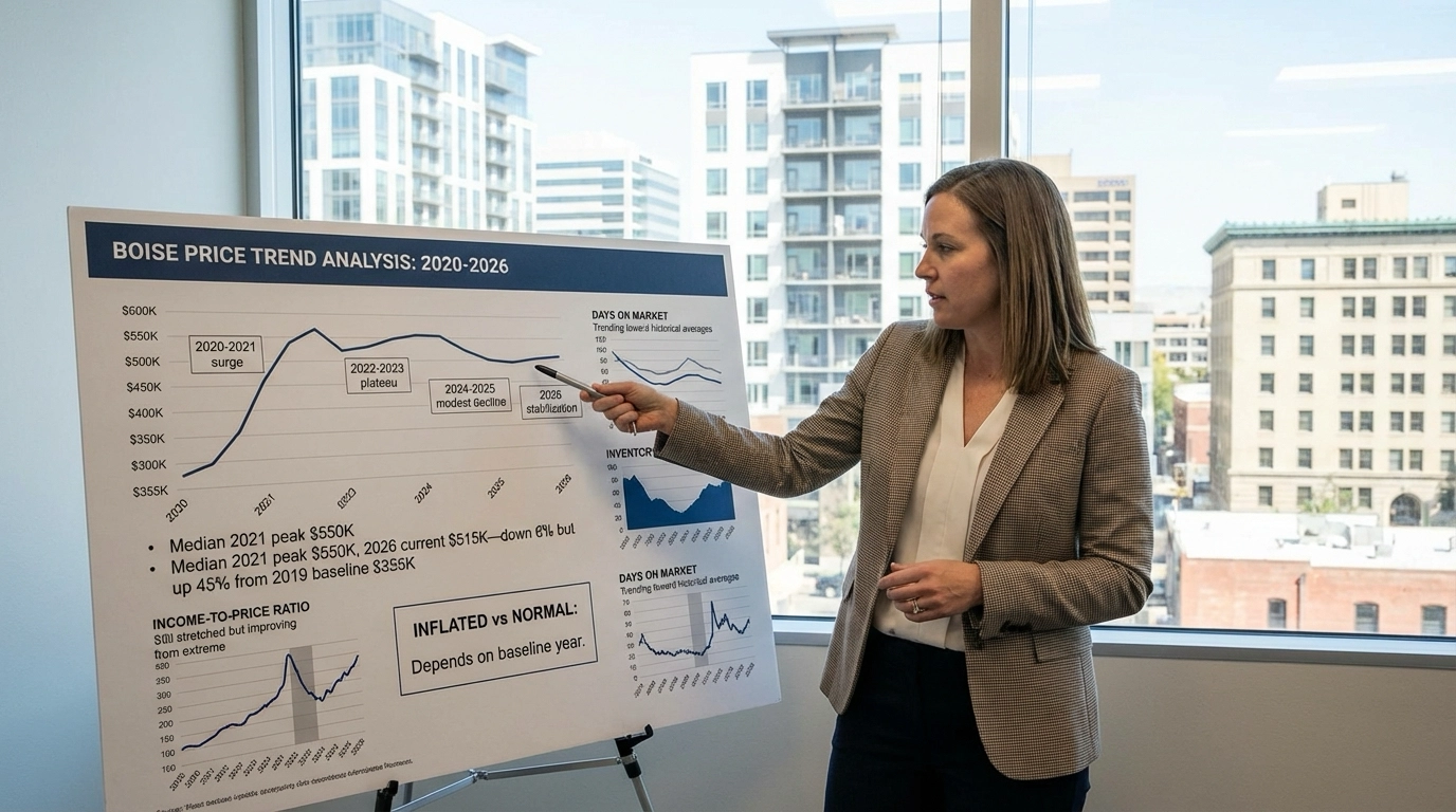 Analyst presenting Boise price analysis showing 2021 peak at $550K, current 2026 at $515K (6% correction but 45% above 2019's $355K baseline). Charts display price-to-income ratios improving from extreme levels. Graph shows stabilization trend. Data compares inflation versus normalization perspectives based on baseline. Boise skyline visible through window.