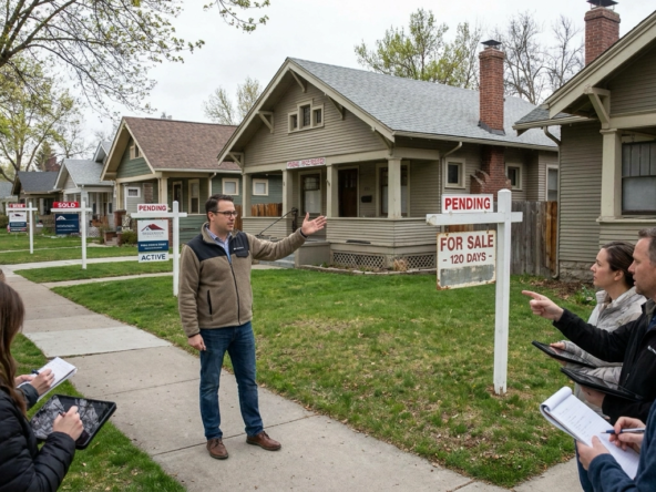 Market analyst in Boise neighborhood explaining conditions to buyer group while gesturing to surrounding homes—some pending after price reductions, others with aged for-sale signs. Physical market showing price correction patterns. Engaged buyers assessing whether current prices reflect true value. Mix of sold, pending, active listings visible.