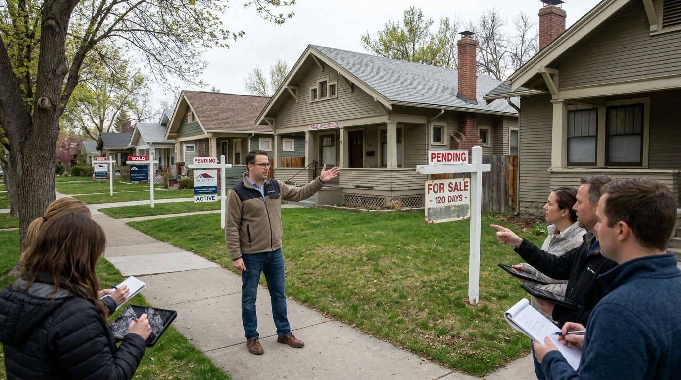 Market analyst in Boise neighborhood explaining conditions to buyer group while gesturing to surrounding homes—some pending after price reductions, others with aged for-sale signs. Physical market showing price correction patterns. Engaged buyers assessing whether current prices reflect true value. Mix of sold, pending, active listings visible.