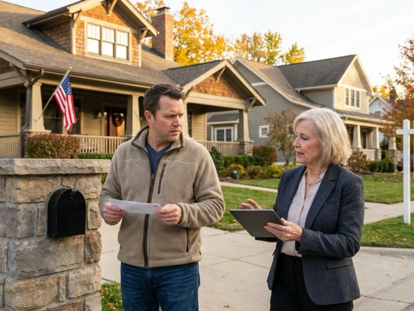 Seller at mailbox holding thin offer envelope looking concerned while neighbor's home shows pending sign down street. Agent approaching with tablet to discuss current offer patterns. Beautiful Eagle home behind them. Conversation about shifting buyer commitment levels in current market.