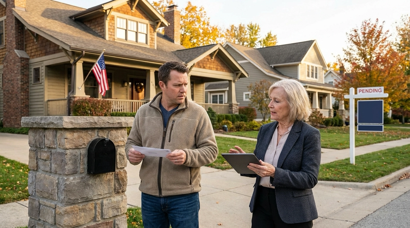 Seller at mailbox holding thin offer envelope looking concerned while neighbor's home shows pending sign down street. Agent approaching with tablet to discuss current offer patterns. Beautiful Eagle home behind them. Conversation about shifting buyer commitment levels in current market.