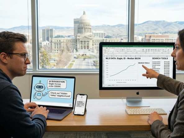 Buyer at laptop viewing AI chatbot suggesting unrealistic Eagle homes under $300K while realtor shows actual MLS data with $625K median and nothing under $400K. Phone displays AI errors about nonexistent neighborhoods. Agent demonstrates proper search tools. Boise views through window.