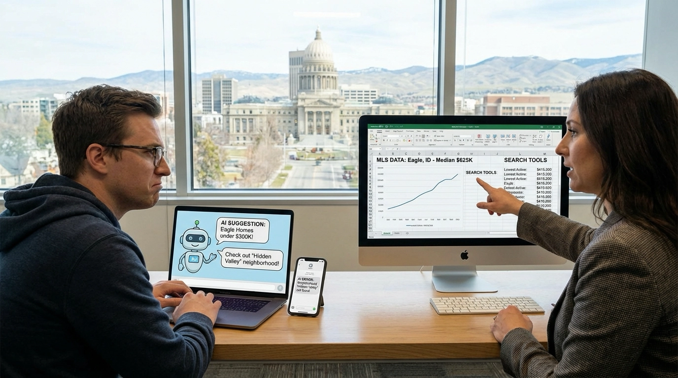 Buyer at laptop viewing AI chatbot suggesting unrealistic Eagle homes under $300K while realtor shows actual MLS data with $625K median and nothing under $400K. Phone displays AI errors about nonexistent neighborhoods. Agent demonstrates proper search tools. Boise views through window.