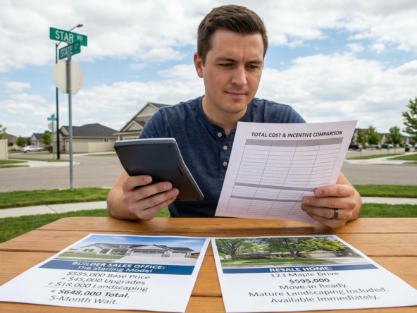 Buyer in Star comparing builder sales office versus resale home costs. Builder shows $585K base plus $45K upgrades, $18K landscaping, 5-month wait totaling $648K. Resale shows $595K move-in ready with mature landscaping immediately. Total cost calculator and incentive comparison visible. Star neighborhood setting.