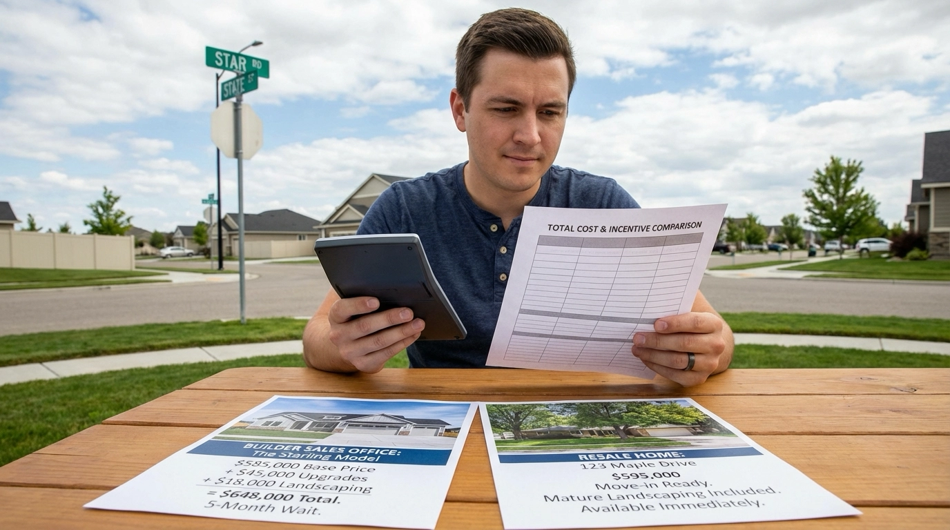 Buyer in Star comparing builder sales office versus resale home costs. Builder shows $585K base plus $45K upgrades, $18K landscaping, 5-month wait totaling $648K. Resale shows $595K move-in ready with mature landscaping immediately. Total cost calculator and incentive comparison visible. Star neighborhood setting.