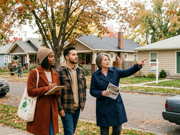 Young first-time buyers walking affordable established Boise neighborhood with agent pointing out starter home opportunities. Modest well-maintained homes showing entry-level accessibility. Couple examining properties with realistic budget awareness. Agent indicating value—good bones, improvements, community investment. Diverse neighborhood character. Cautious optimism about achievable homeownership. Mature trees showing stability. Practical accessible housing stock.
