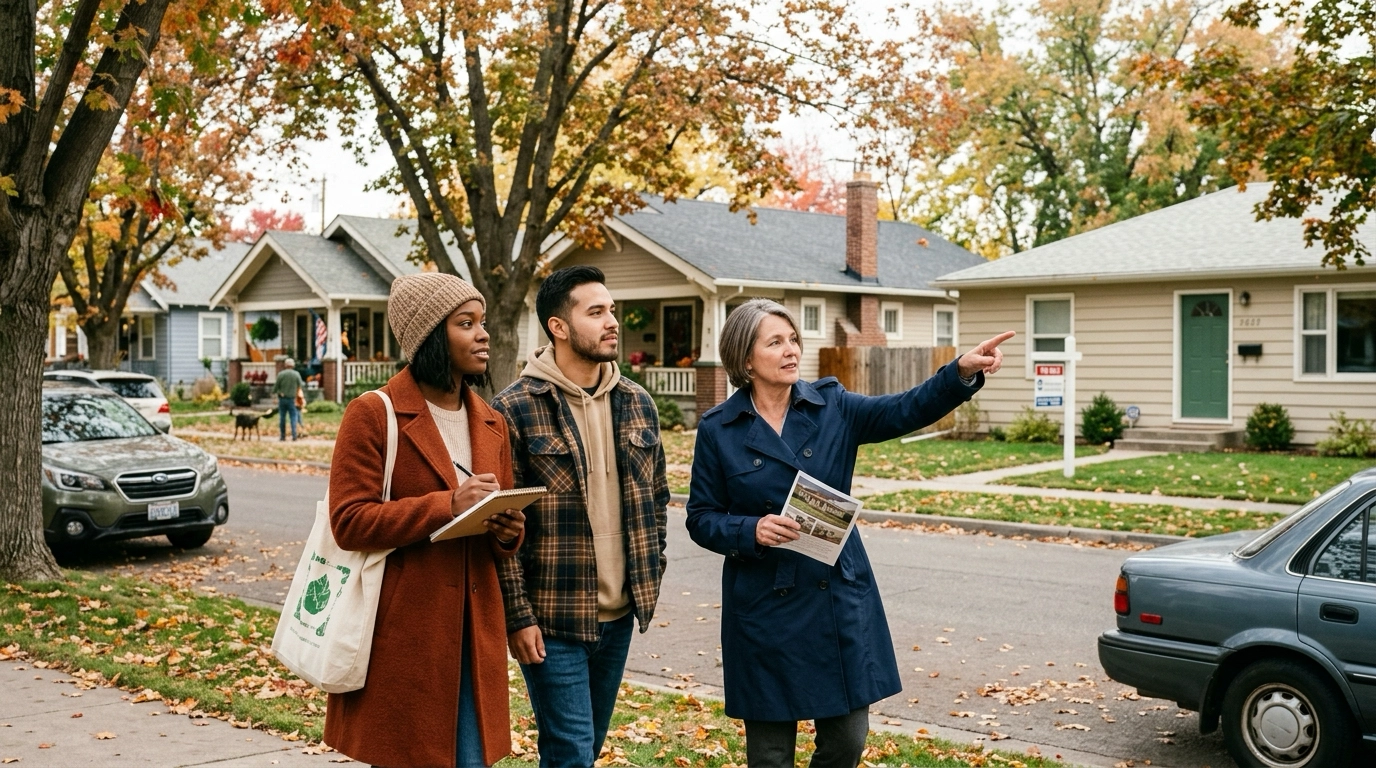 Young first-time buyers walking affordable established Boise neighborhood with agent pointing out starter home opportunities. Modest well-maintained homes showing entry-level accessibility. Couple examining properties with realistic budget awareness. Agent indicating value—good bones, improvements, community investment. Diverse neighborhood character. Cautious optimism about achievable homeownership. Mature trees showing stability. Practical accessible housing stock.